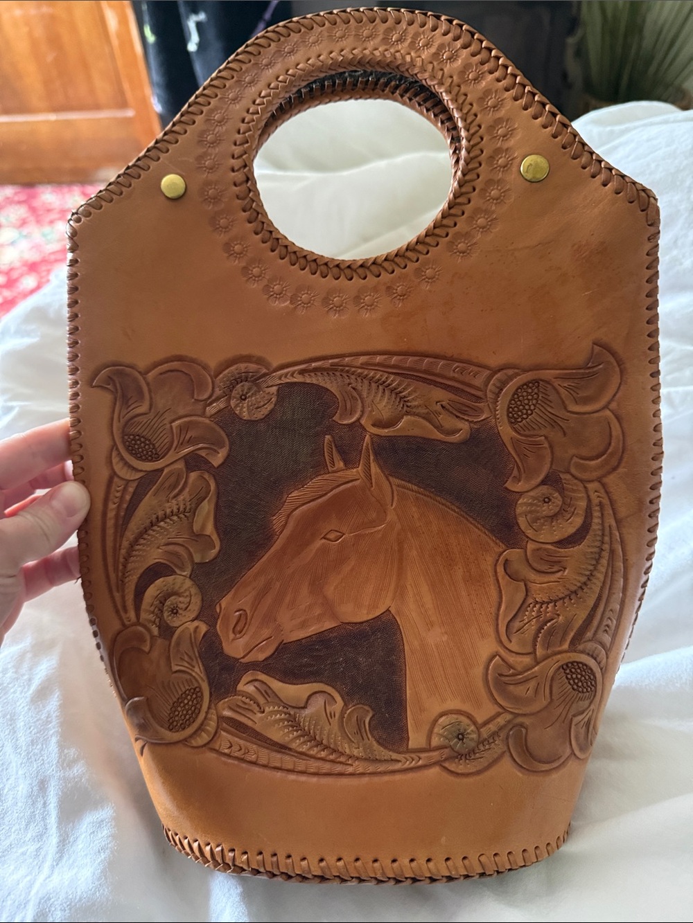 Vintage Hand-Tooled Leather Horse Tote Bag - Tan